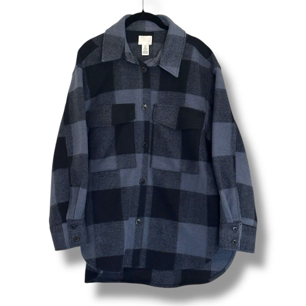 H&M Women’s Oversized Flannel Shacket Blue Plaid Small Outdoor